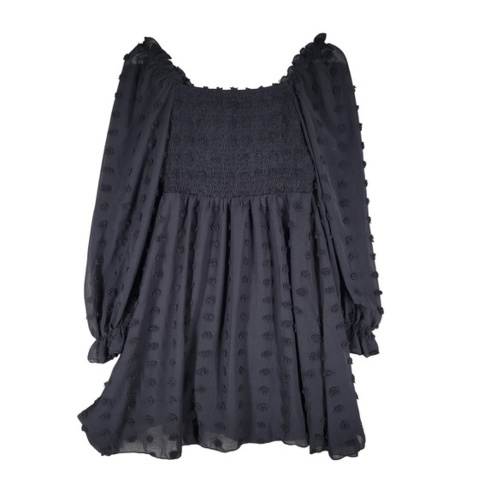 EXLURA Black Swiss Dot Smocked Square Neck Long Sleeve Mini Dress XS‎ Whimsigoth
